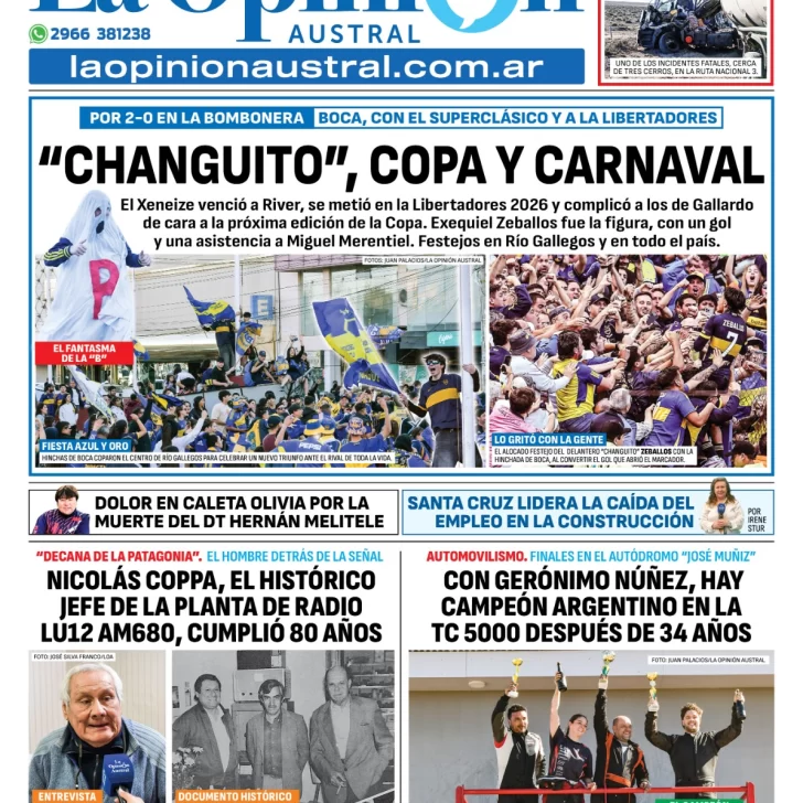 Tapa del Diario La Opinión Austral edición impresa del lunes 10 de noviembre de 2025, Río Gallegos, Santa Cruz, Argentina Tapa del Diario La Opinión Austral edición impresa del lunes 10 de noviembre de 2025, Río Gallegos, Santa Cruz, Argentina