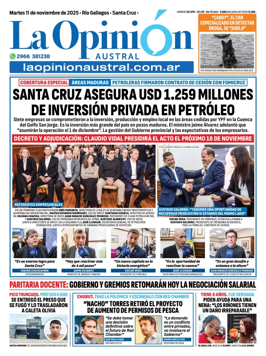  Tapa de La Opinión Austral del martes 11 de noviembre de 2025.