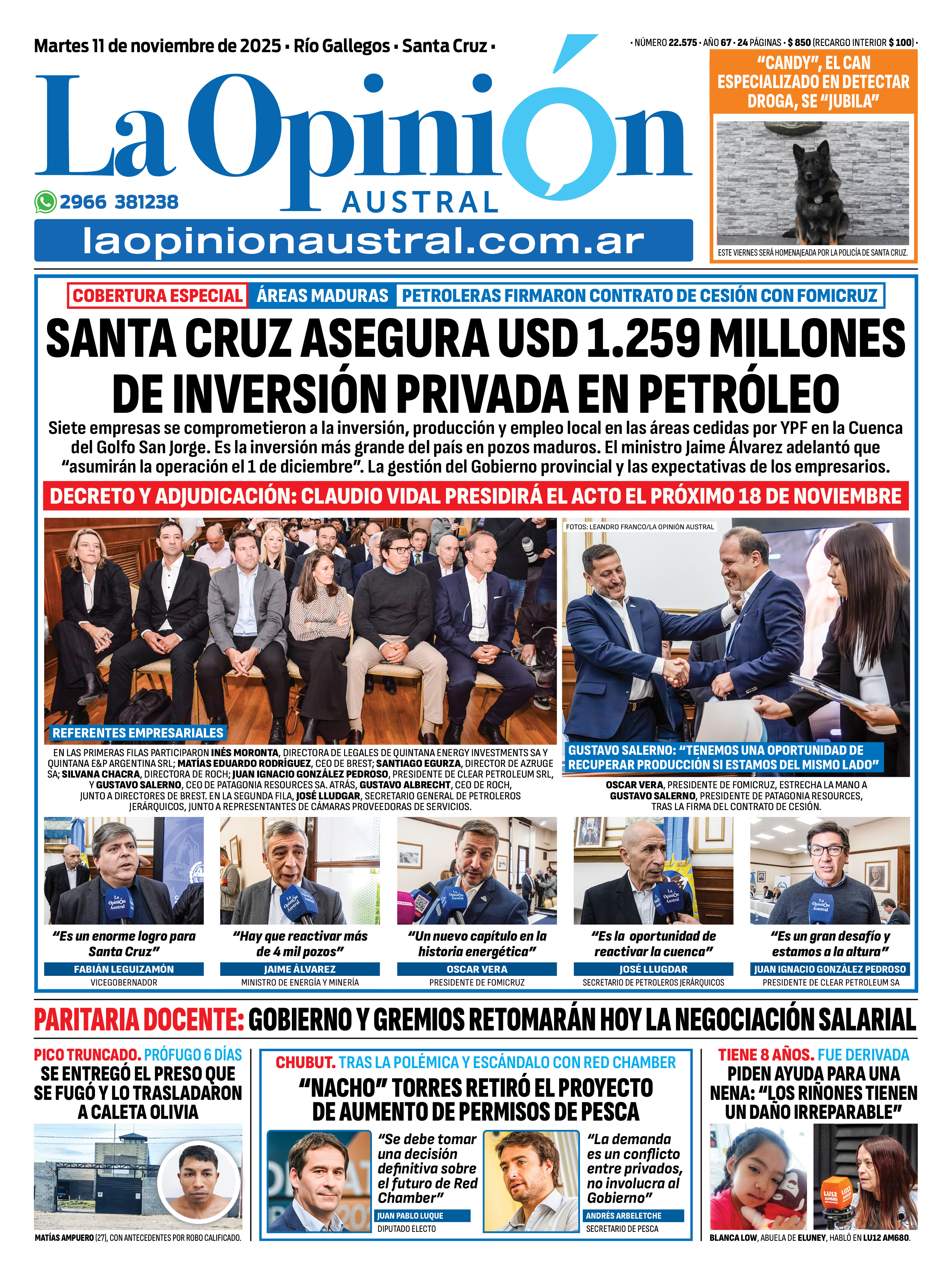  Tapa de La Opinión Austral del martes 11 de noviembre de 2025.