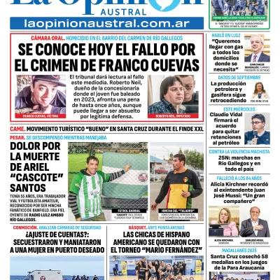 Tapa del Diario La Opinión Austral edición impresa del martes 25 de noviembre de 2025, Río Gallegos, Santa Cruz, Argentina
