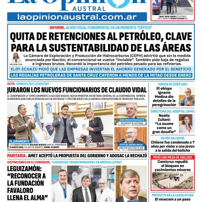 Tapa del Diario La Opinión Austral edición impresa del viernes 21 de noviembre de 2025, Río Gallegos, Santa Cruz, Argentina