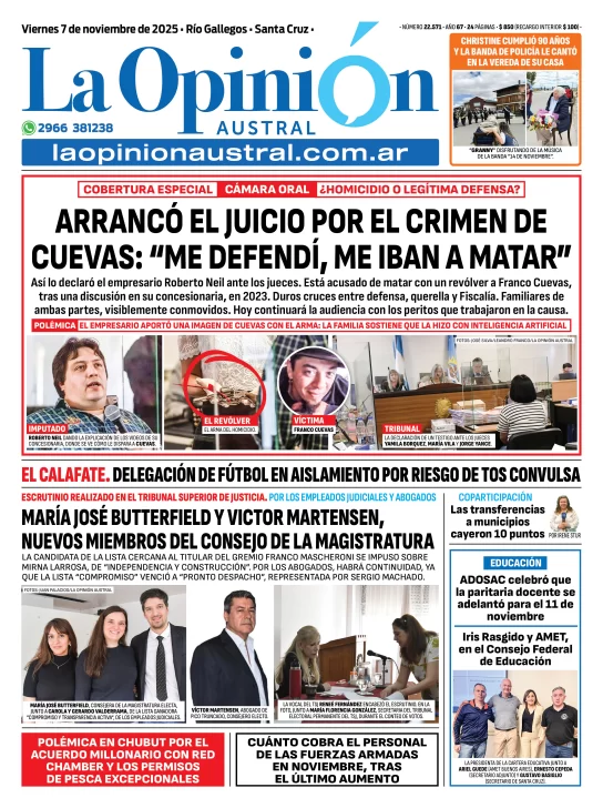 Tapa del Diario La Opinión Austral edición impresa del viernes 7 de noviembre de 2025, Río Gallegos, Santa Cruz, Argentina