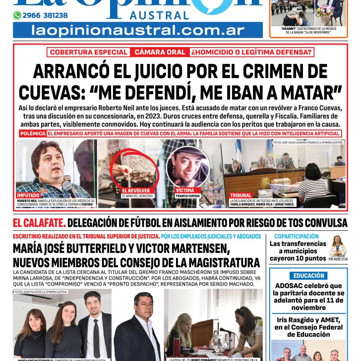 Tapa del Diario La Opinión Austral edición impresa del viernes 7 de noviembre de 2025, Río Gallegos, Santa Cruz, Argentina Tapa del Diario La Opinión Austral edición impresa del viernes 7 de noviembre de 2025, Río Gallegos, Santa Cruz, Argentina