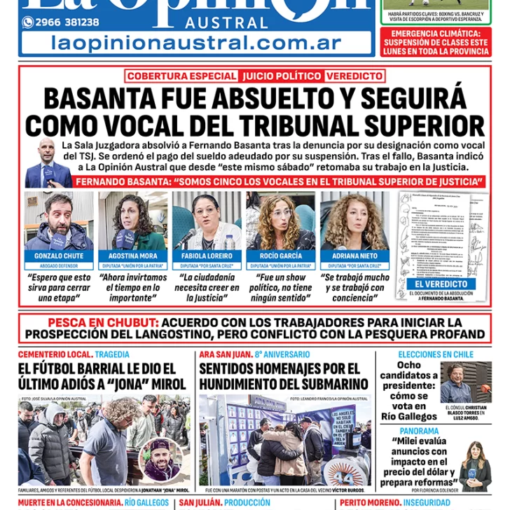 Tapa del Diario La Opinión Austral edición impresa del domingo 16 de noviembre de 2025, Río Gallegos, Santa Cruz, Argentina Tapa del Diario La Opinión Austral edición impresa del domingo 16 de noviembre de 2025, Río Gallegos, Santa Cruz, Argentina