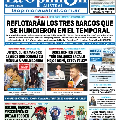 Tapa del Diario La Opinión Austral edición impresa del domingo 23 de noviembre de 2025, Río Gallegos, Santa Cruz, Argentina