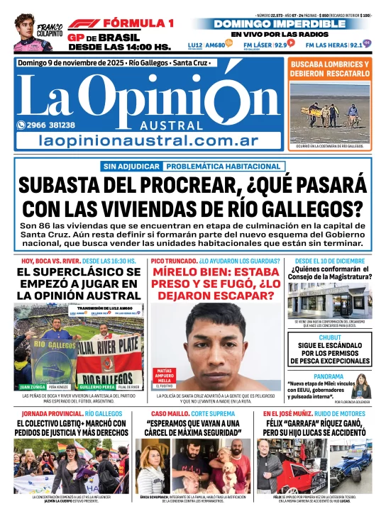 Tapa del Diario La Opinión Austral edición impresa del domingo 9 de noviembre de 2025, Río Gallegos, Santa Cruz, Argentina