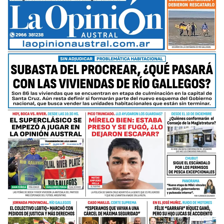 Tapa del Diario La Opinión Austral edición impresa del domingo 9 de noviembre de 2025, Río Gallegos, Santa Cruz, Argentina Tapa del Diario La Opinión Austral edición impresa del domingo 9 de noviembre de 2025, Río Gallegos, Santa Cruz, Argentina