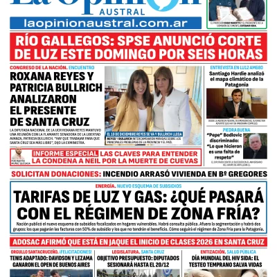 Tapa del Diario La Opinión Austral edición impresa del sábado 29 de noviembre de 2025, Río Gallegos, Santa Cruz, Argentina
