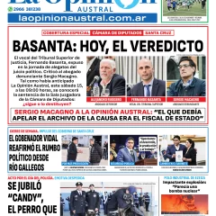 Tapa del Diario La Opinión Austral edición impresa del sábado 15 de noviembre de 2025, Río Gallegos, Santa Cruz, Argentina