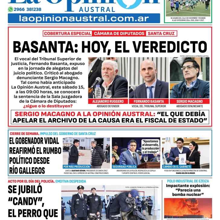 Tapa del Diario La Opinión Austral edición impresa del sábado 15 de noviembre de 2025, Río Gallegos, Santa Cruz, Argentina Tapa del Diario La Opinión Austral edición impresa del sábado 15 de noviembre de 2025, Río Gallegos, Santa Cruz, Argentina