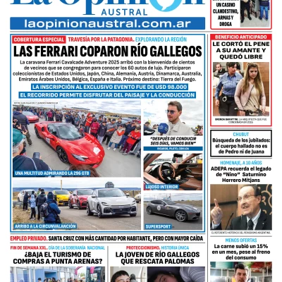 Tapa del Diario La Opinión Austral edición impresa del sábado 22 de noviembre de 2025, Río Gallegos, Santa Cruz, Argentina