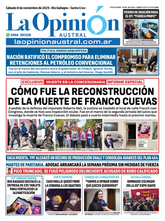 Tapa del Diario La Opinión Austral edición impresa del sábado 8 de noviembre de 2025, Río Gallegos, Santa Cruz, Argentina