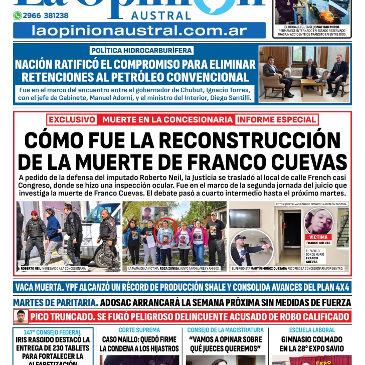 Tapa del Diario La Opinión Austral edición impresa del sábado 8 de noviembre de 2025, Río Gallegos, Santa Cruz, Argentina Tapa del Diario La Opinión Austral edición impresa del sábado 8 de noviembre de 2025, Río Gallegos, Santa Cruz, Argentina