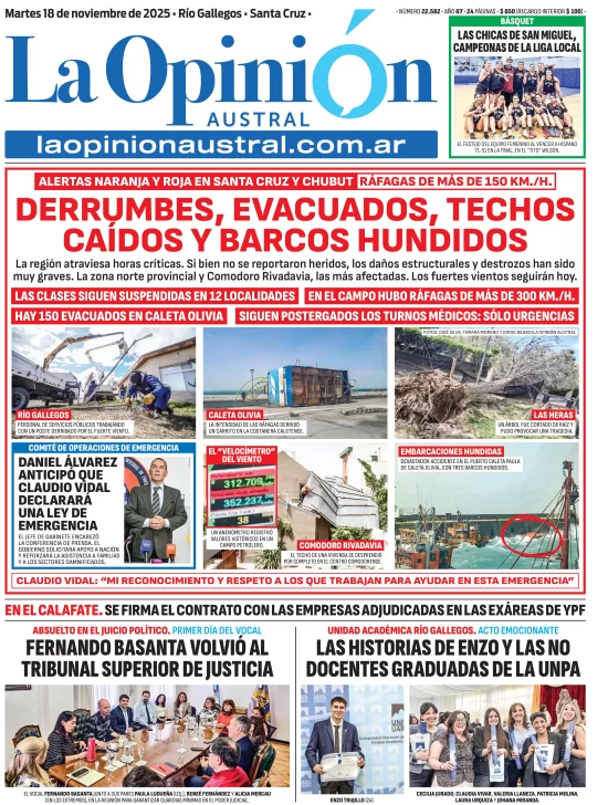  La situación de emergencia en la tapa de La Opinión Austral del 18 de noviembre pasado.