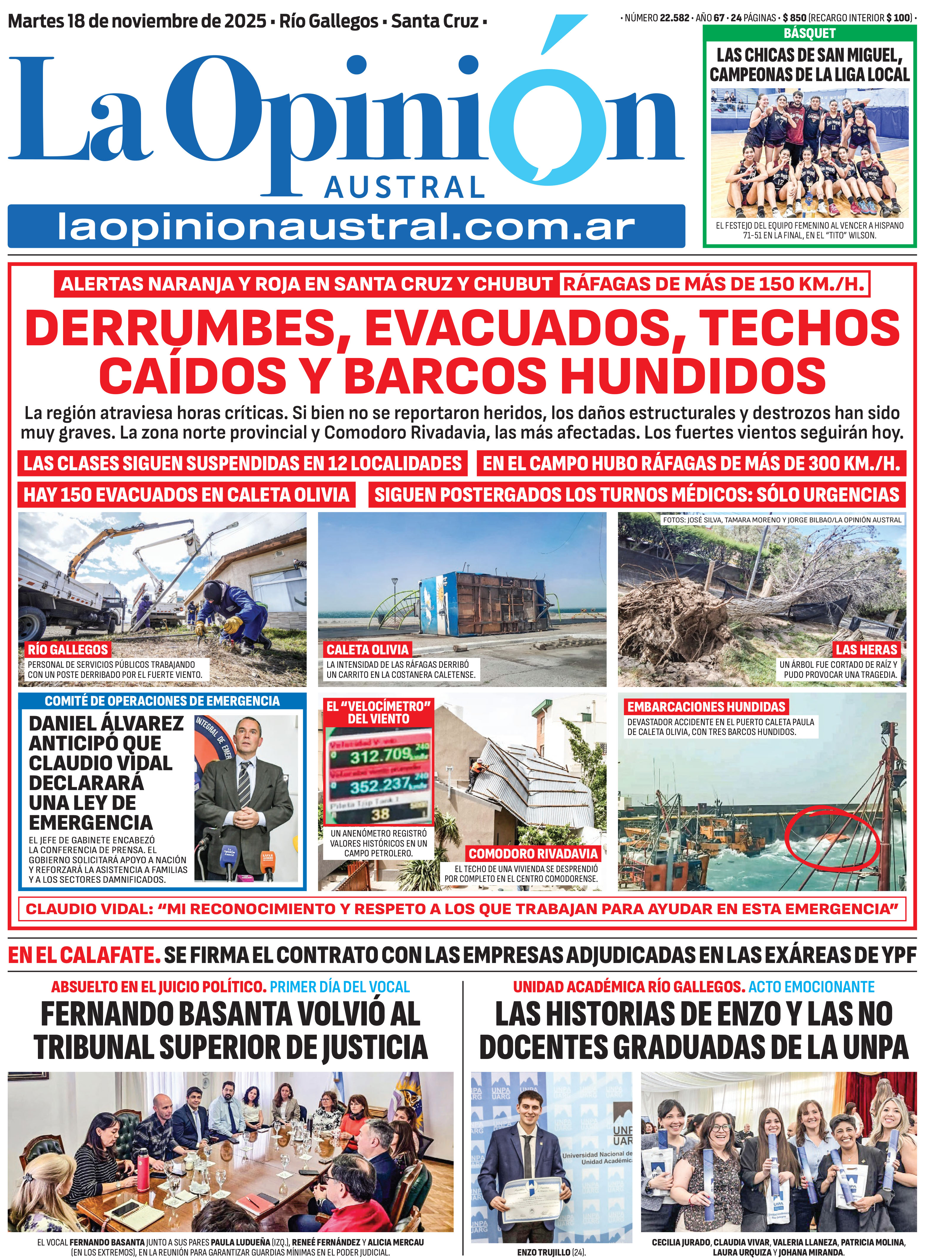  La situación de emergencia en la tapa de La Opinión Austral del 18 de noviembre pasado.