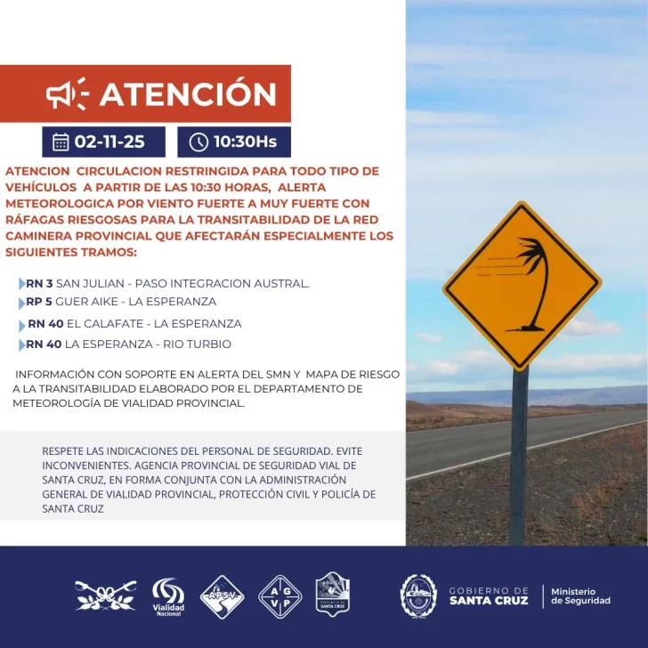 Santa Cruz restringe la circulación por fuertes ráfagas: rutas afectadas y recomendaciones oficiales