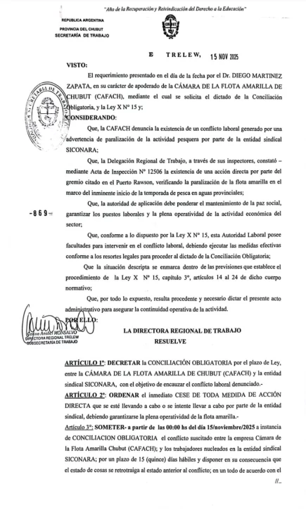 La Secretaría de Trabajo dictó la conciliación obligatoria entre la Flota Amarilla y SICONARA por la paralización en Rawson