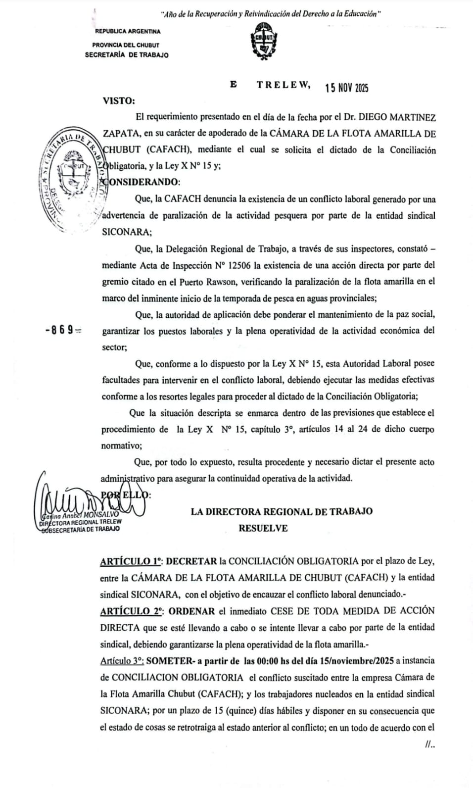 La Secretaría de Trabajo dictó la conciliación obligatoria entre la Flota Amarilla y SICONARA por la paralización en Rawson