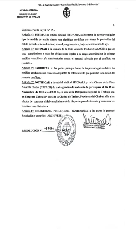 La Secretaría de Trabajo dictó la conciliación obligatoria entre la Flota Amarilla y SICONARA por la paralización en Rawson