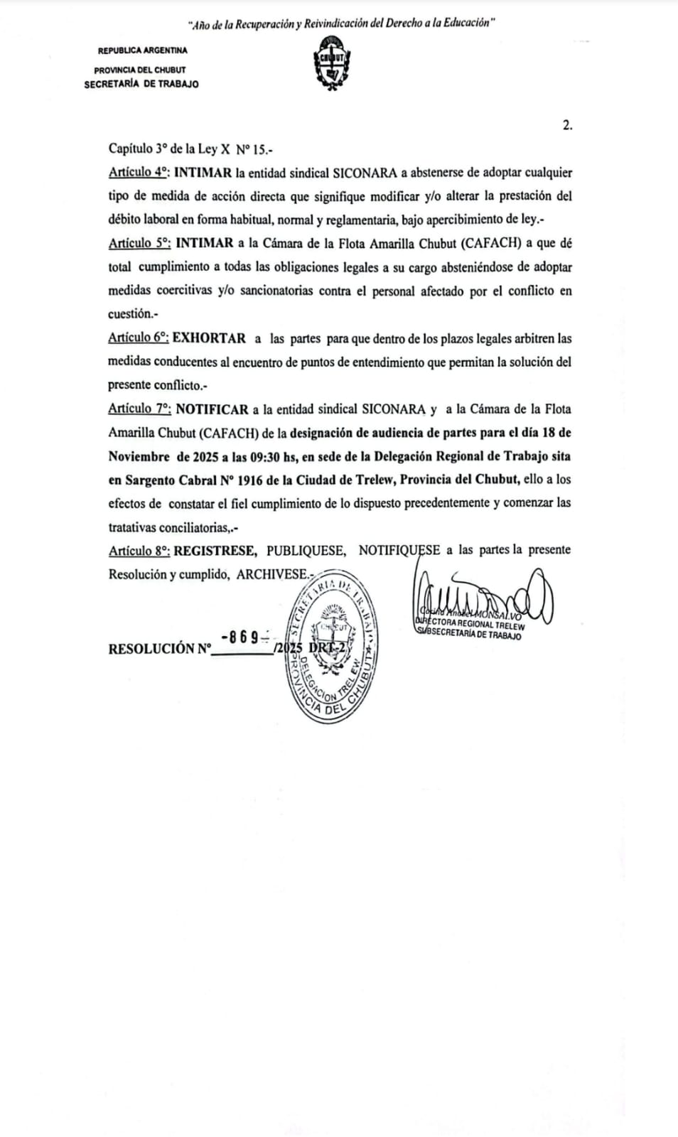 La Secretaría de Trabajo dictó la conciliación obligatoria entre la Flota Amarilla y SICONARA por la paralización en Rawson