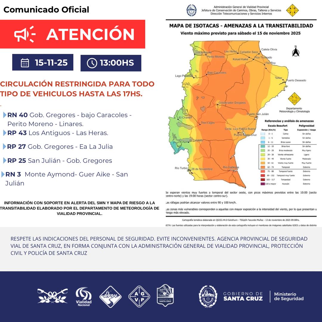 Santa Cruz restringe la circulación por fuertes vientos: qué rutas estarán afectadas hasta las 17 horas