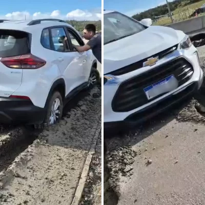 Un argentino ignoró la señalización y terminó con su auto hundido en el hormigón fresco de la Ruta 9 de Punta Arenas