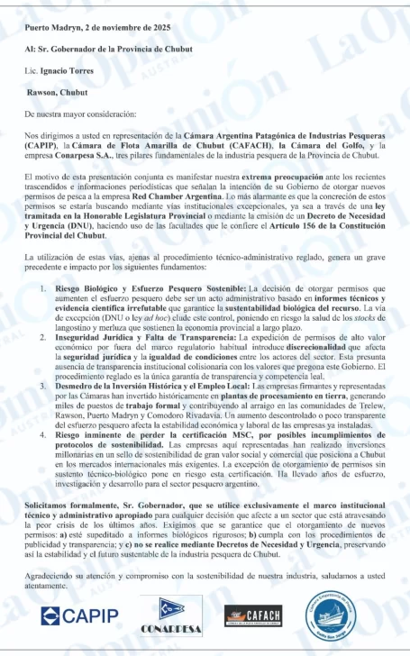 Empresarios de la pesca expresaron su “extrema preocupación” ante los trascendidos que indicarían la intención del Gobierno de Chubut de otorgar nuevos permisos de pesca a la empresa Red Chamber Argentina, por Ley o DNU.