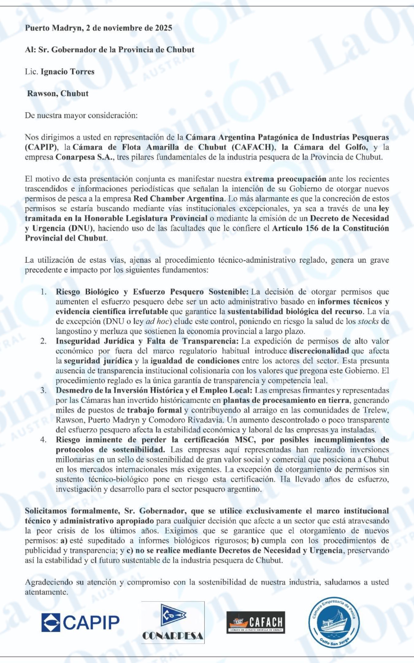  Empresarios de la pesca expresaron su “extrema preocupación” ante los trascendidos que indicarían la intención del Gobierno de Chubut de otorgar nuevos permisos de pesca a la empresa Red Chamber Argentina, por Ley o DNU.
