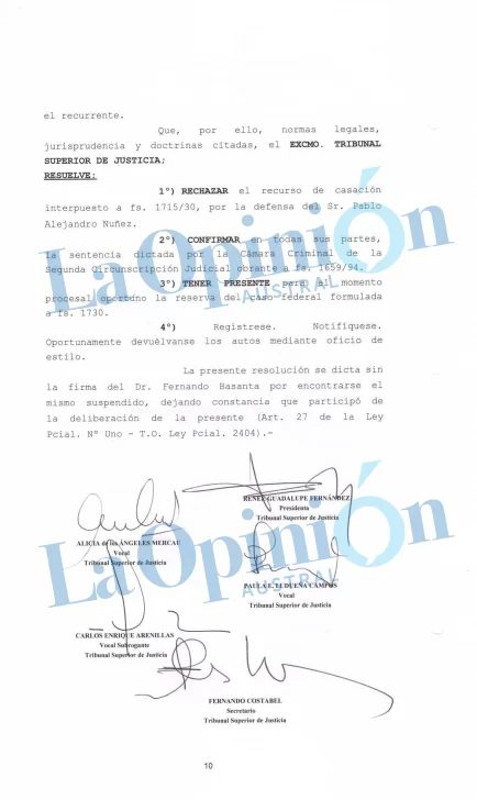  La última foja, con la firma de Reneé Fernández, Alicia Mercau, Paula Ludueña, Carlos Enrique Arenillas y Fernando Costabel.