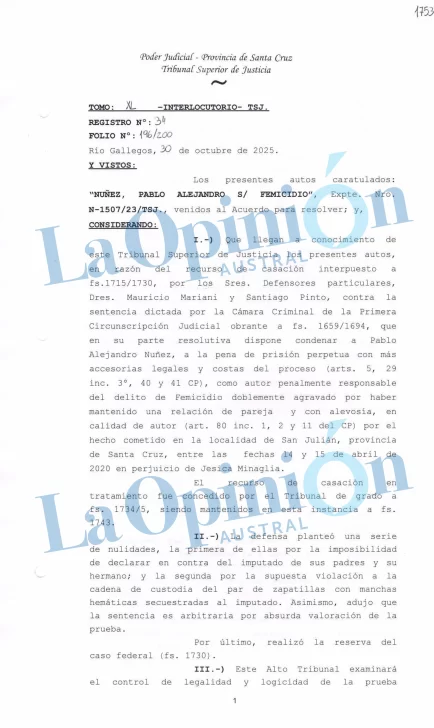  La primera foja del fallo del Tribunal Superior de Justicia.