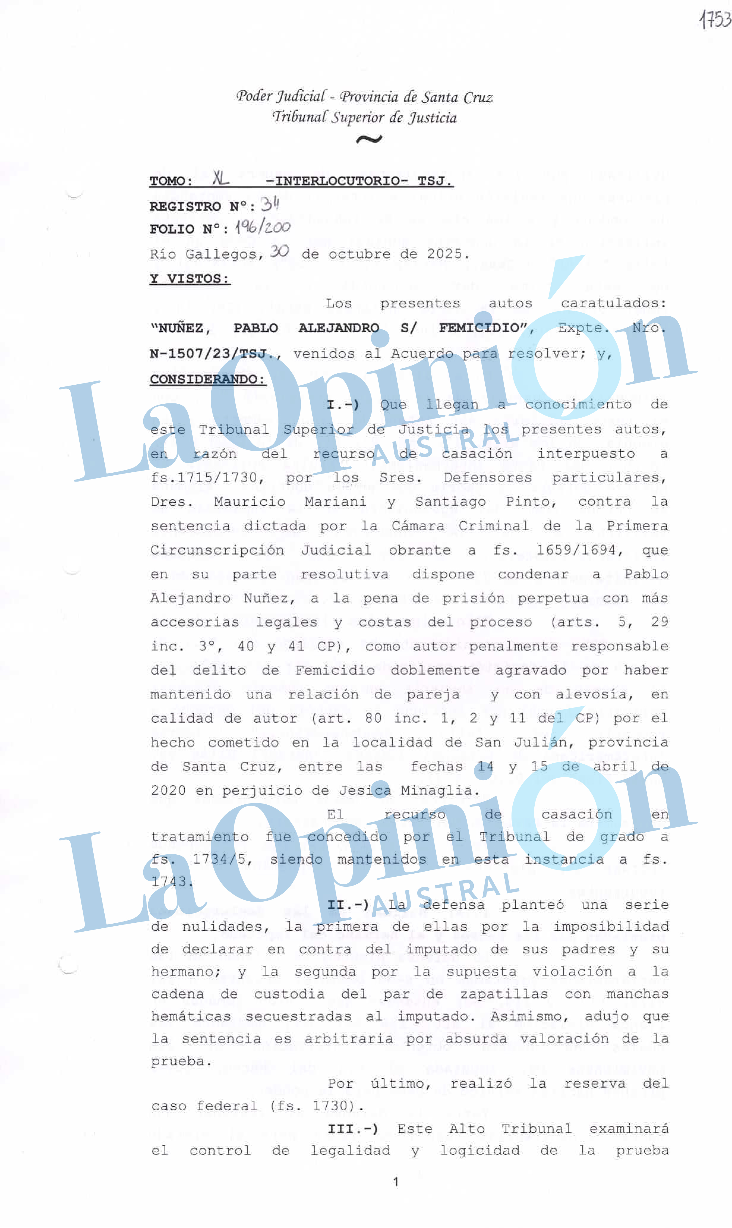  La primera foja del fallo del Tribunal Superior de Justicia.