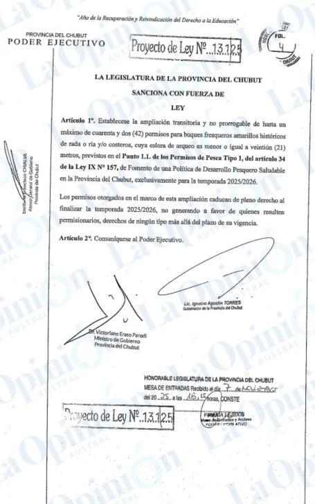  El proyecto de ampliación de permisos de pesca ingresó el a las 18:15 del viernes. Ya está en comisiones.