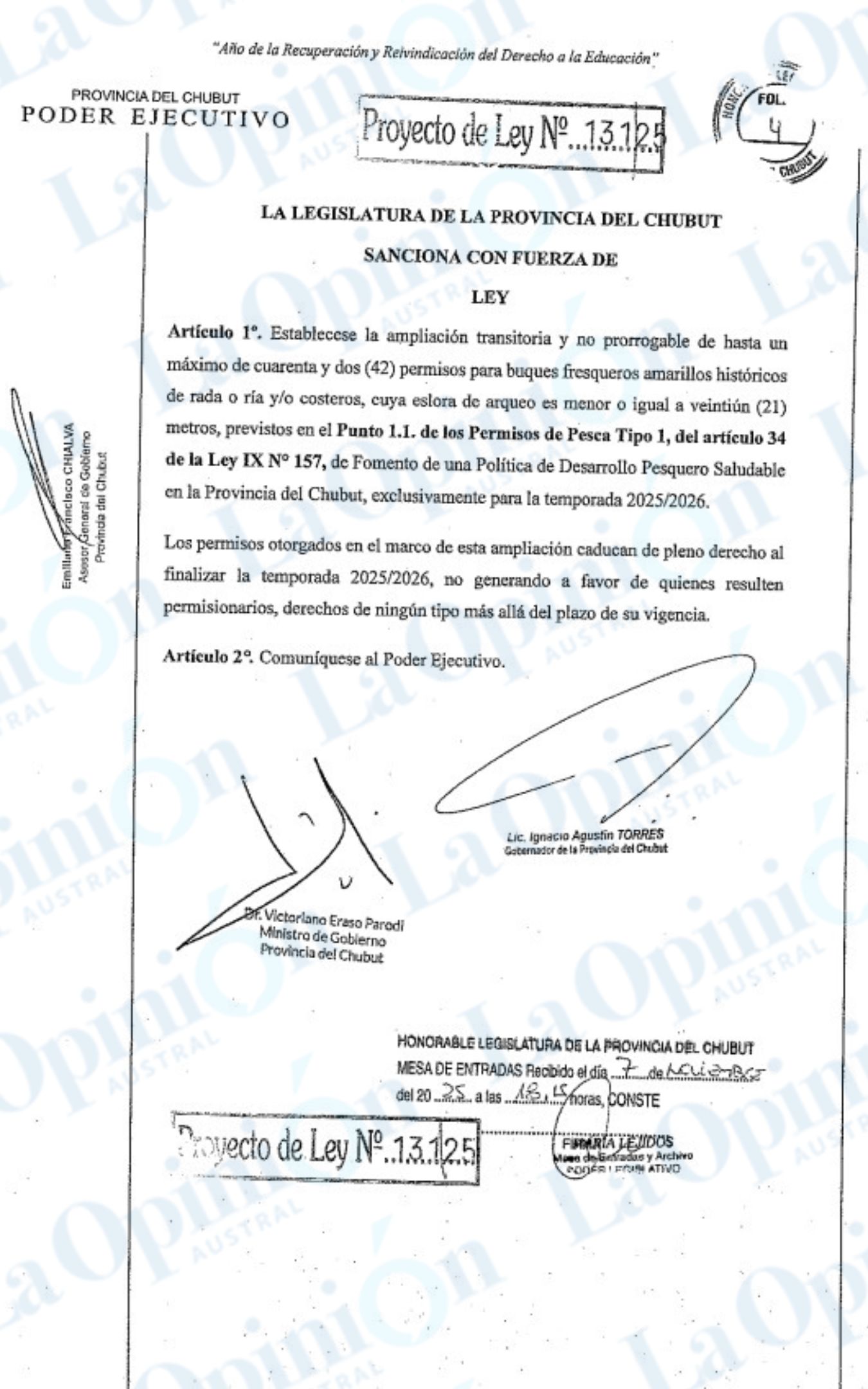  El proyecto de ampliación de permisos de pesca ingresó el a las 18:15 del viernes. Ya está en comisiones.