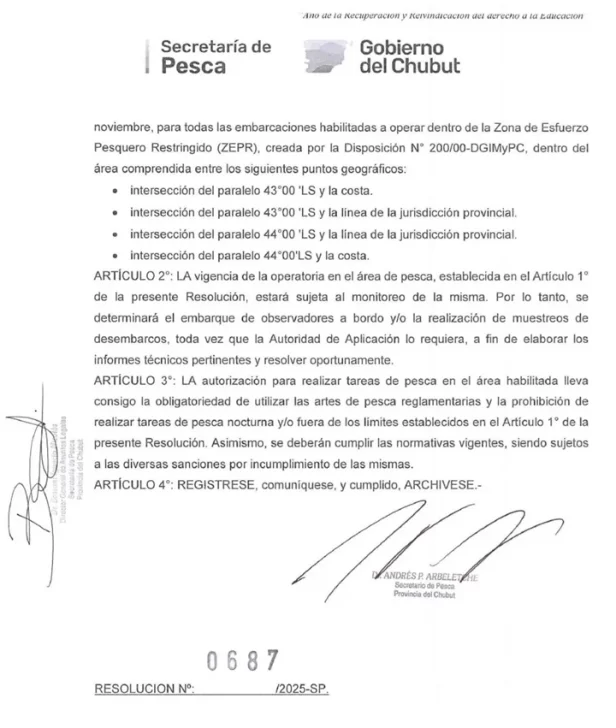  Parte resolutiva de la Resolución de Pesca habilitando la temporada del langostino 2025/26 en Chubut.