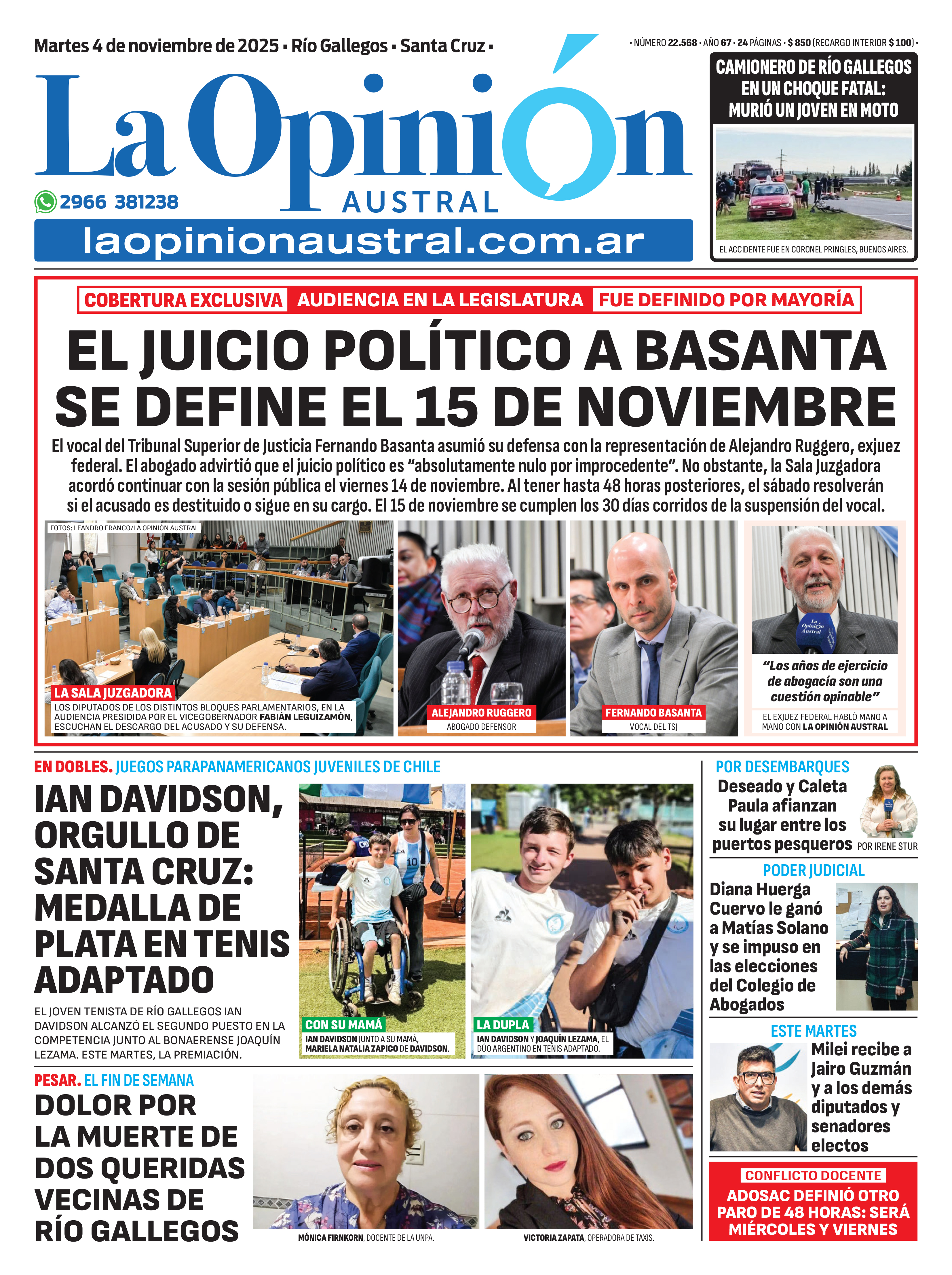  La tapa de La Opinión Austral del martes 4 de noviembre, adelantando la fecha del fallo.