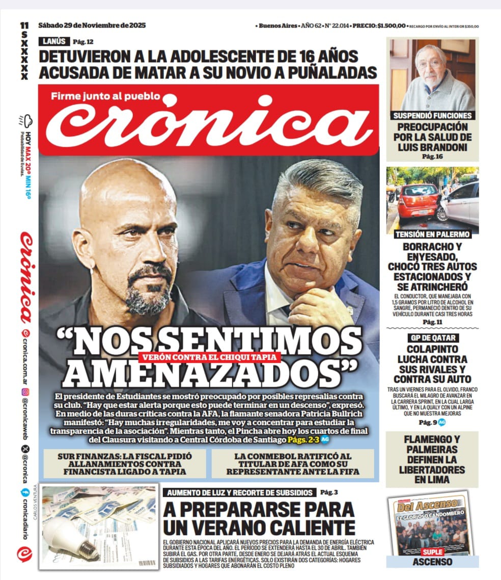  Tapa del diario Crónica de 29 de noviembre 2025.