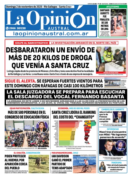  Tapa de La Opinión Austral del 2 de noviembre de 2025
