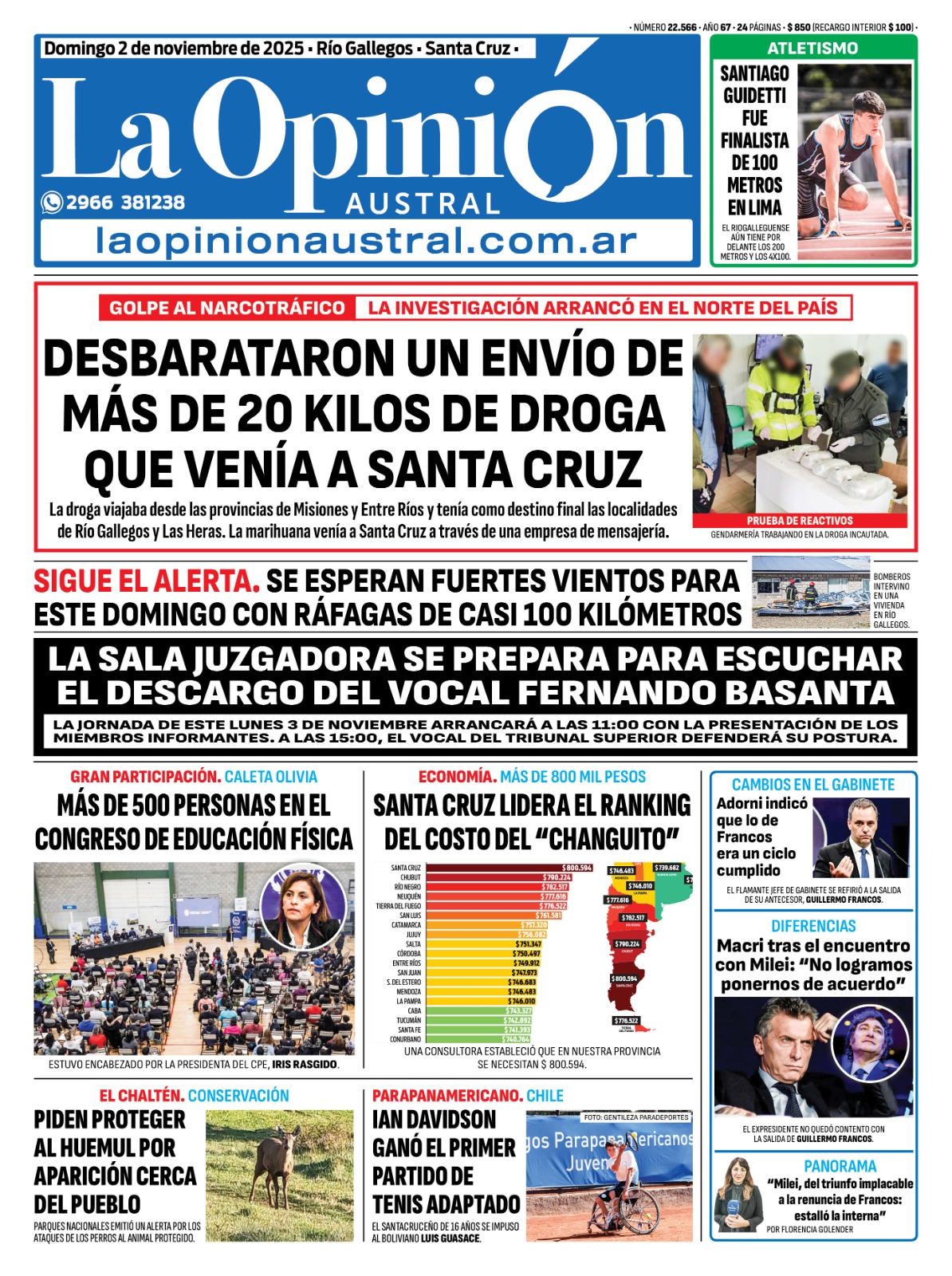  Tapa de La Opinión Austral del 2 de noviembre de 2025