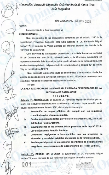Fernando Basanta fue absuelto en el Juicio Político y volverá a sus funciones como vocal del Tribunal Superior de Justicia