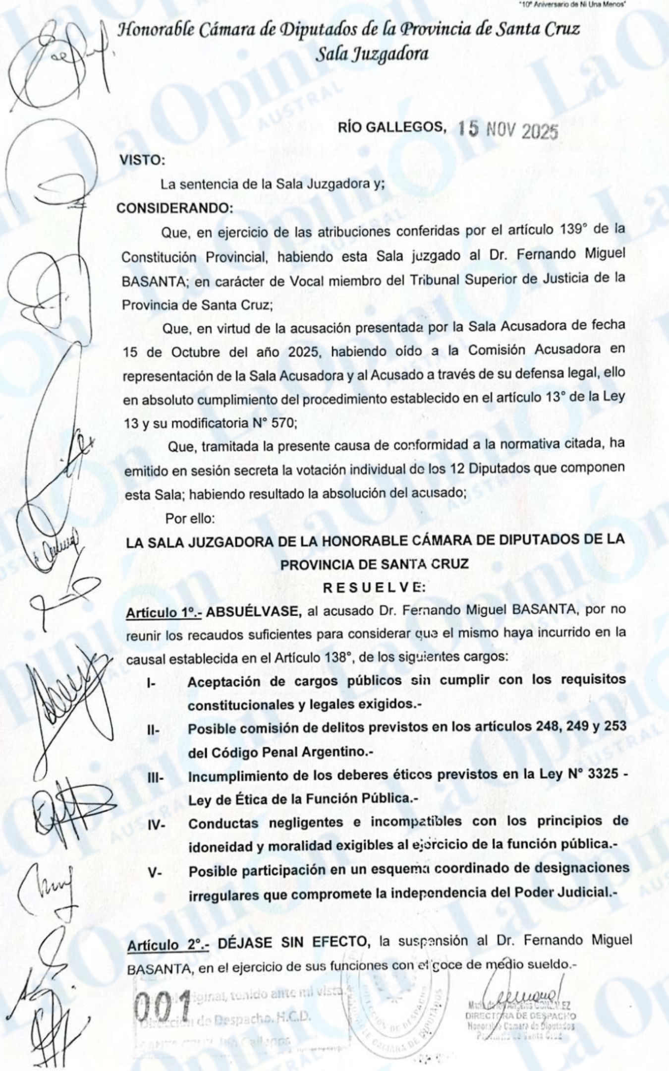 Fernando Basanta fue absuelto en el Juicio Político y volverá a sus funciones como vocal del Tribunal Superior de Justicia