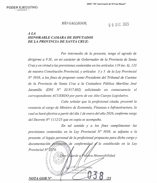  El pedido de acuerdo para designar a Marilina Jaramillo en el Tribunal de Cuentas.