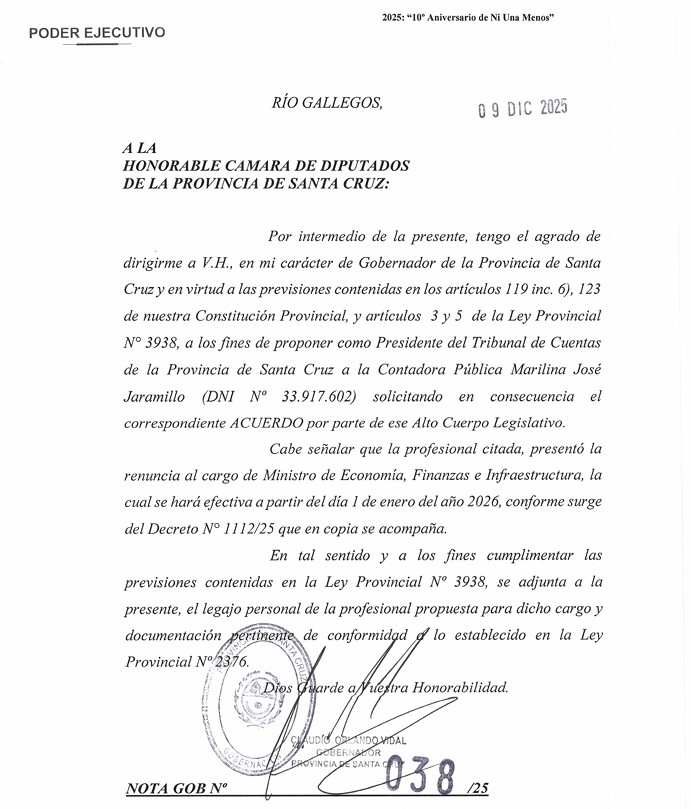  El pedido de acuerdo para designar a Marilina Jaramillo en el Tribunal de Cuentas.