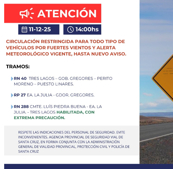 Circulación restringida en varias rutas de Santa Cruz por fuertes vientos: hasta cuándo rige la medida