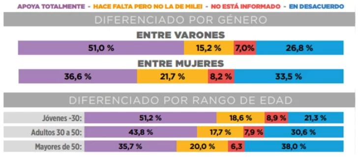  Entre los jóvenes de entre 18 a 30 años, el 63,2% de los varones apoya la reforma de Milei frente al 40,6% de las mujeres, brecha que se amplía aún más al comparar varones jóvenes con mujeres mayores de 50 años.