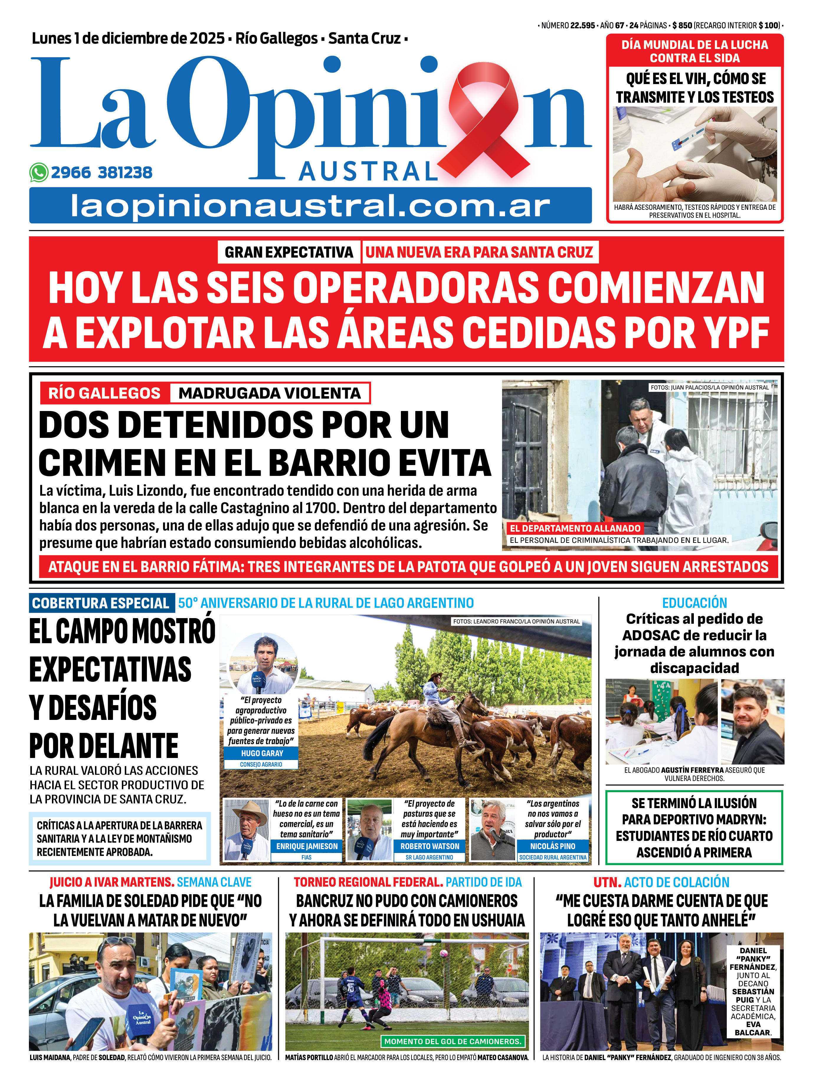  La tapa de La Opinión Austral del lunes 1° de diciembre del 2025.