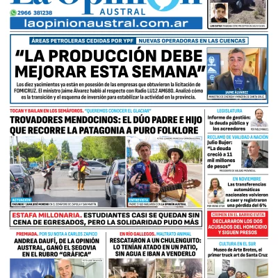 Tapa del Diario La Opinión Austral edición impresa del miércoles 3 de diciembre de 2025, Río Gallegos, Santa Cruz, Argentina