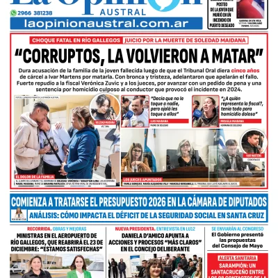 Tapa del Diario La Opinión Austral edición impresa del miércoles 10 de diciembre de 2025, Río Gallegos, Santa Cruz, Argentina