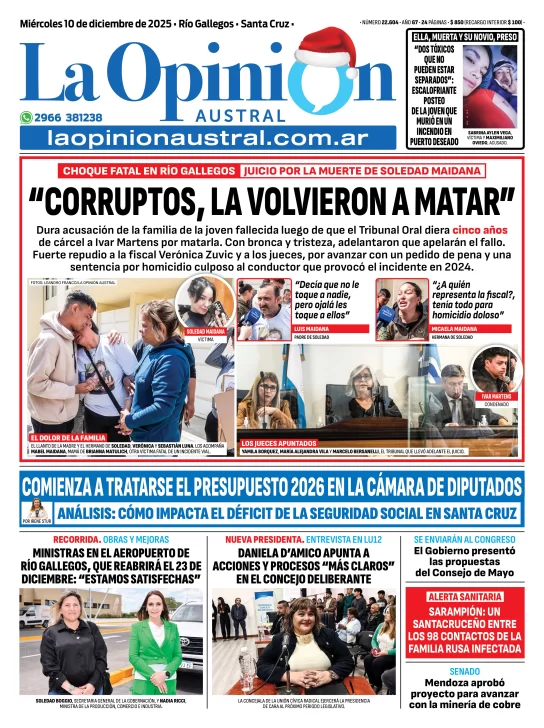 Tapa del Diario La Opinión Austral edición impresa del miércoles 10 de diciembre de 2025, Río Gallegos, Santa Cruz, Argentina