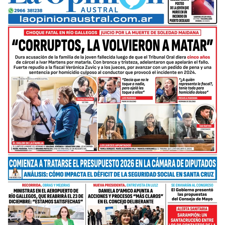 Tapa del Diario La Opinión Austral edición impresa del miércoles 10 de diciembre de 2025, Río Gallegos, Santa Cruz, Argentina Tapa del Diario La Opinión Austral edición impresa del miércoles 10 de diciembre de 2025, Río Gallegos, Santa Cruz, Argentina