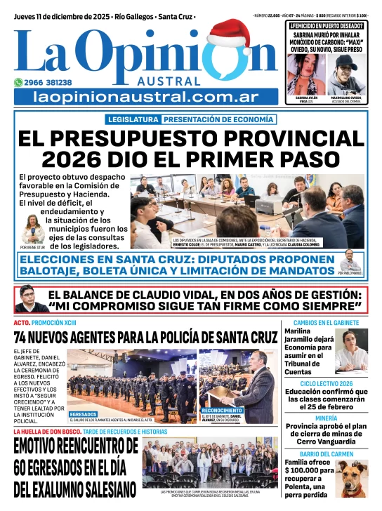Tapa del Diario La Opinión Austral edición impresa del jueves 11 de diciembre de 2025, Río Gallegos, Santa Cruz, Argentina